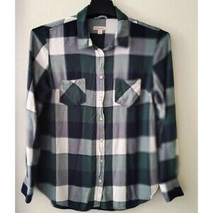 Merona Shirt Womens Large Green & Black Plaid Button Up Long Sleeve Ladies